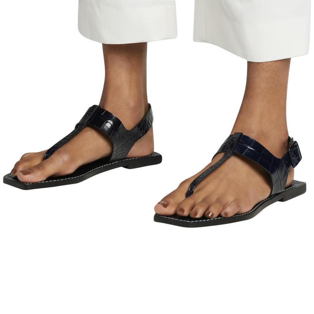 Cubongo flat Ali embossed Navy T strap thong square sandals flats E226